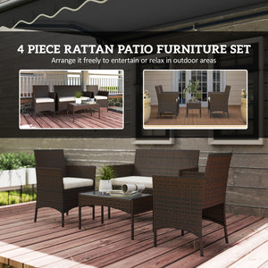 4-Piece Wicker Patio Furniture Set with Loveseat, Chairs and Beige Glass Coffee Table