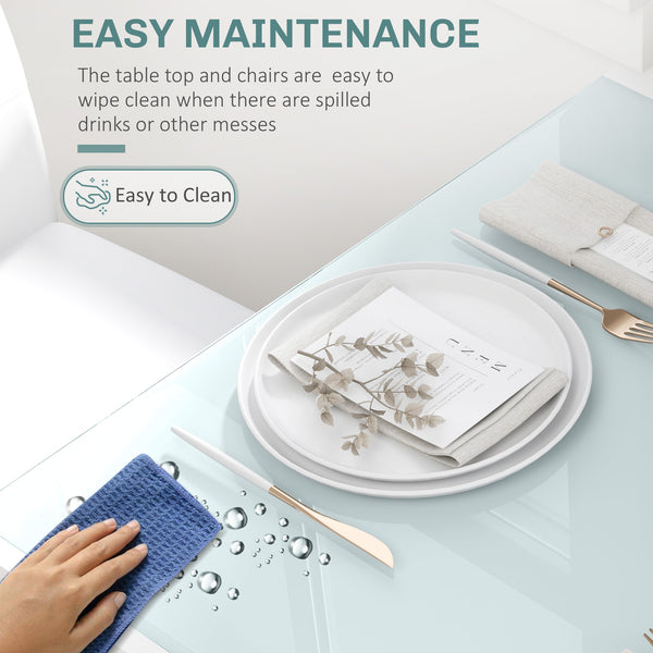 Glass Dining Table and Chair Set with Metal Frame and Faux Leather Upholstery, White