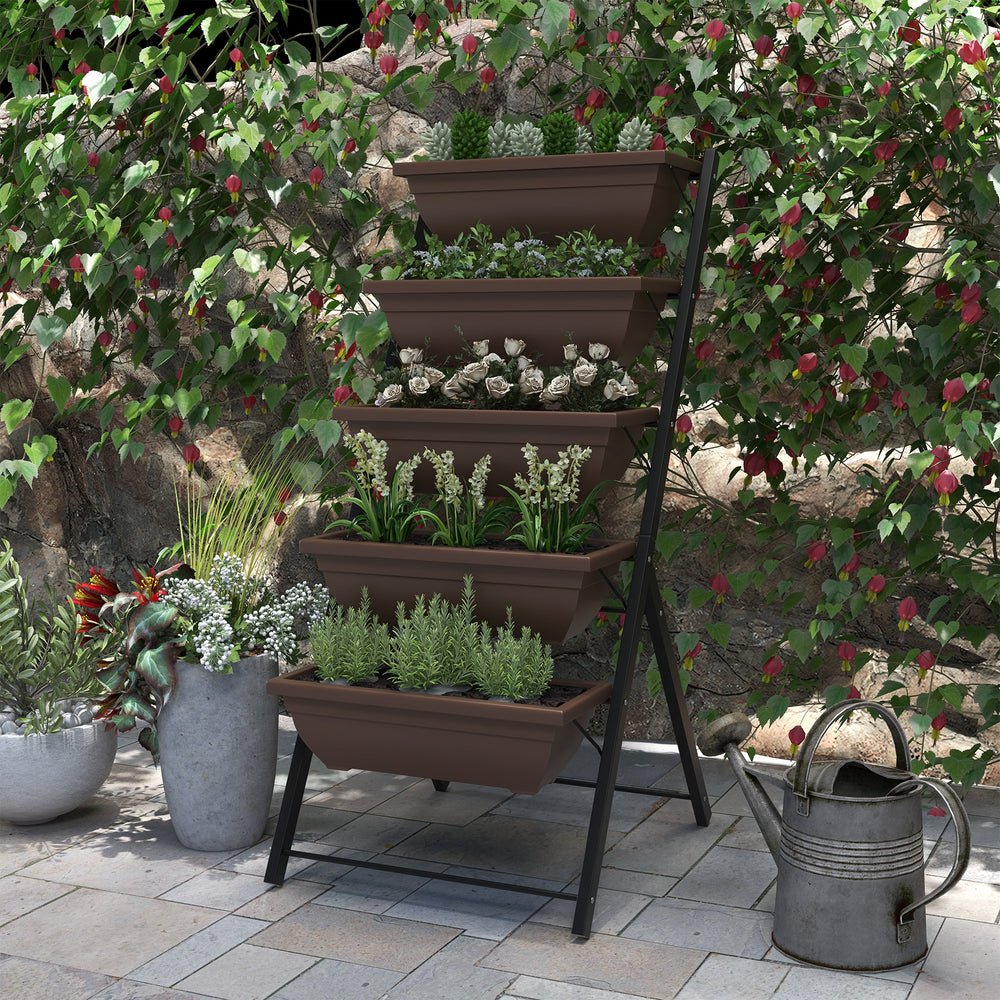 5 Tier Raised Garden Bed with 5 Flower Boxes with Leak-Proof Holes, Brown