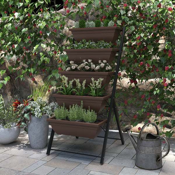 5 Tier Raised Garden Bed with 5 Flower Boxes with Leak-Proof Holes, Brown