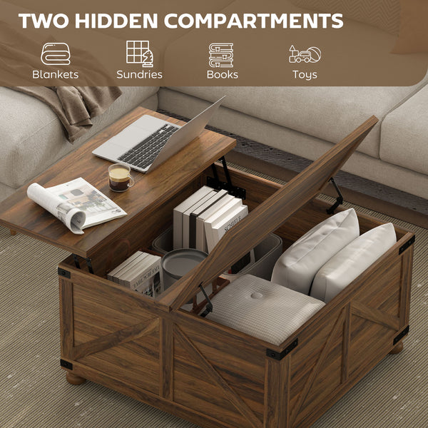 Country Style Lift Top Coffee Table with Hidden Compartment, Brown Wood Grain