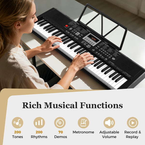 Clavier portable 61 touches pour débutants kit de clavier électrique avec 200 rythmes et 200 tonalités - Noir