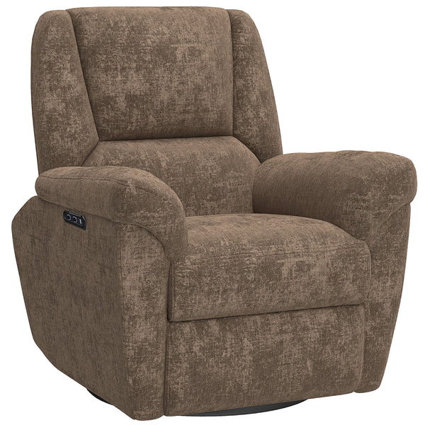 Electric reclining armchair, upholstered in fabric, with USB ports, swivel and rocking function, and footrest, Brown