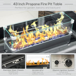 Propane Fire Pit Table 43" Outdoor Fire Table, 50,000 BTU Pulse-Ignition Wicker Firepit Furniture with Glass Wind Guard, Blue Glass Rock, CSA Certification, Coffee