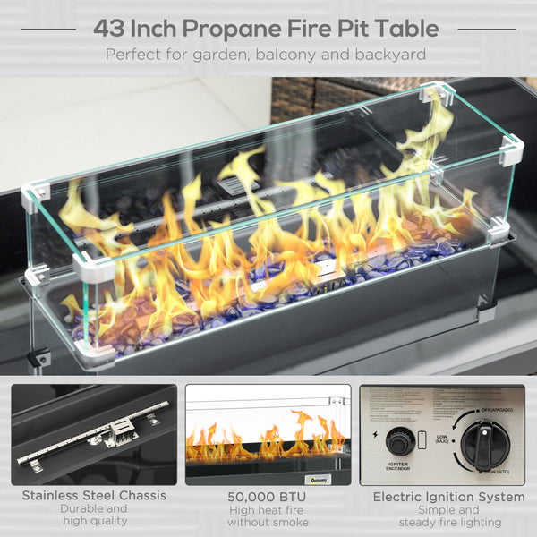 Propane Fire Pit Table 43" Outdoor Fire Table, 50,000 BTU Pulse-Ignition Wicker Firepit Furniture with Glass Wind Guard, Blue Glass Rock, CSA Certification, Coffee