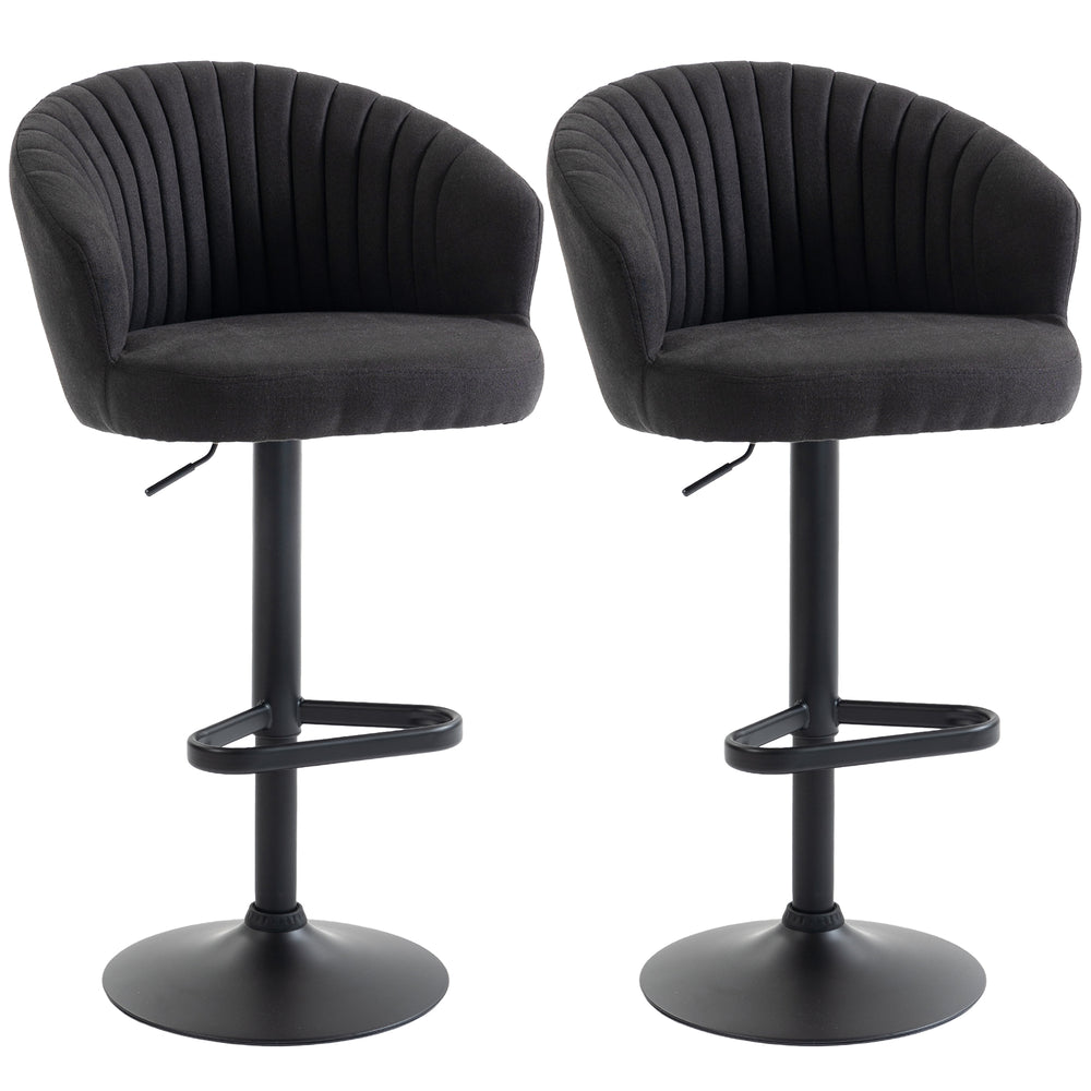 Set of 2 adjustable, padded bar stools with swivel seats, steel frame, footrest, black
