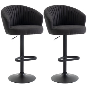 Set of 2 adjustable, padded bar stools with swivel seats, steel frame, footrest, black