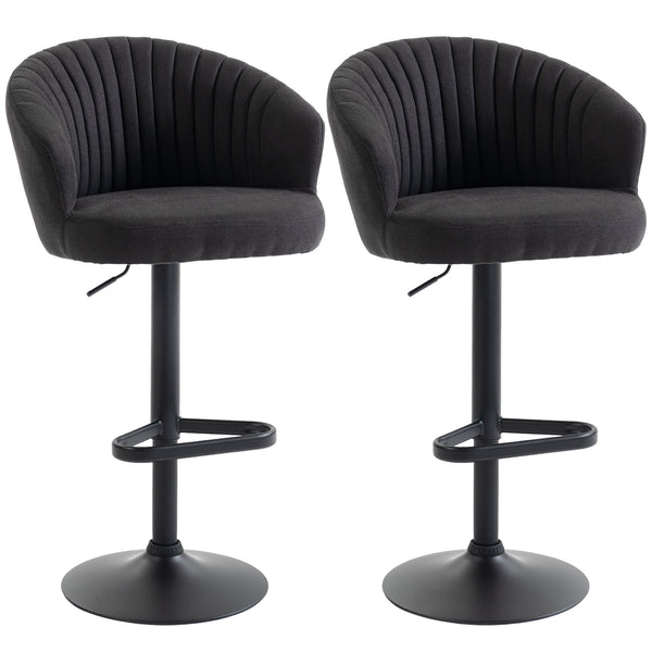 Set of 2 adjustable, padded bar stools with swivel seats, steel frame, footrest, black