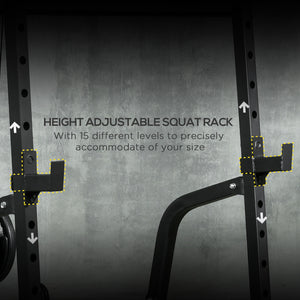 Multifunctional weight cage with adjustable bench, dumbbell bar and 15-level squat rack