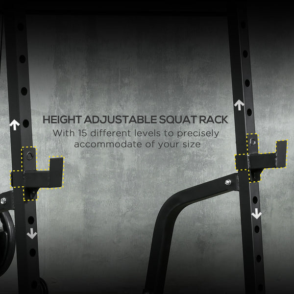 Multifunctional weight cage with adjustable bench, dumbbell bar and 15-level squat rack