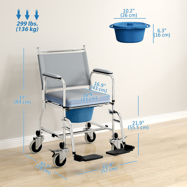 4-in-1 wheeled shower chair with padded seat and pail – Gray