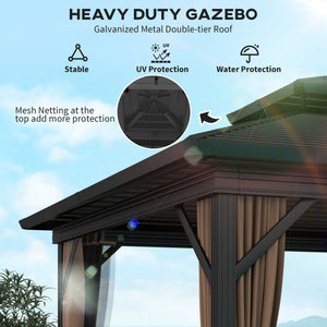 10x10 Gazebo with Double-Tiered Metal Roof, Mosquito Netting, and Hanging Hook, Dark Brown