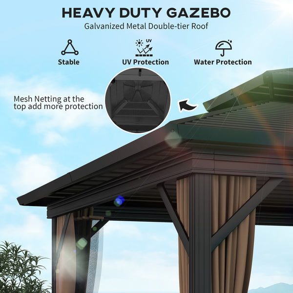 10x10 Gazebo with Double-Tiered Metal Roof, Mosquito Netting, and Hanging Hook, Dark Brown