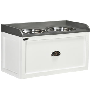 Elevated dog bowls with storage, white