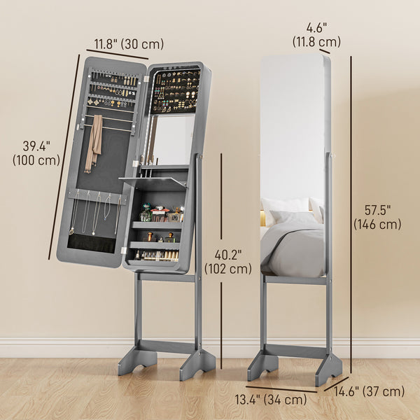 Standing Jewelry Cabinet with Mirror and Adjustable Angle LED, Gray