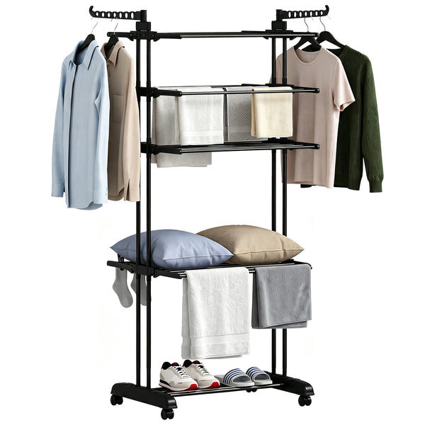 5-tier foldable clothes drying rack on wheels, black