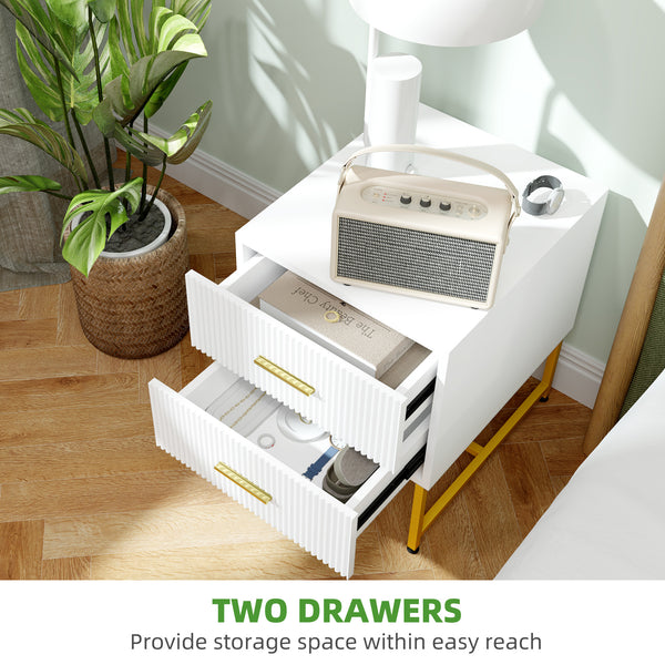 Set of 2 modern bedside tables with 2 fluted drawers and gold legs, white