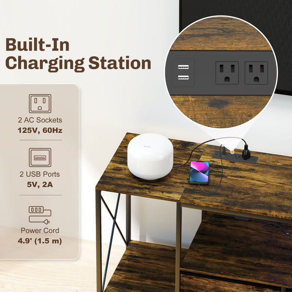 Industrial TV Stand for up to 60 Inch TV, TV Console with Charging Station and RGB LED Lights, Rustic Brown