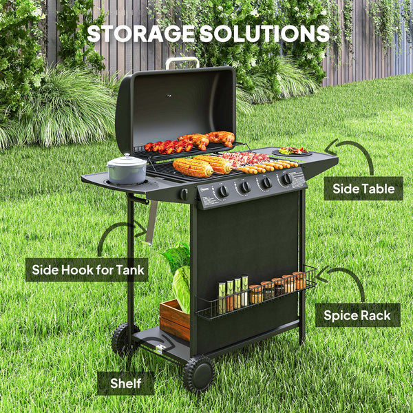 4-burner propane gas barbecue with side burner, thermometer, black