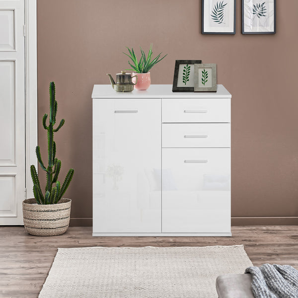 High gloss lacquered sideboard with 2 drawers and 2 doors, adjustable shelf, white