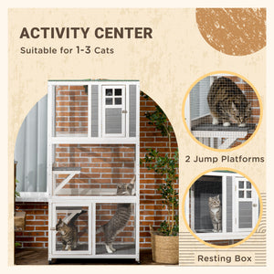 Wooden cat enclosure, weather-resistant and equipped with wheels, white