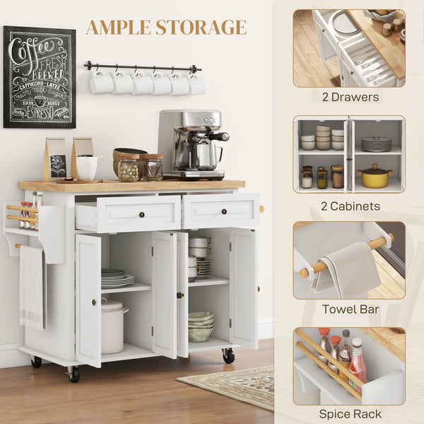 Kitchen island with storage, rolling with rubberwood top, spice rack, towel rack, cream white