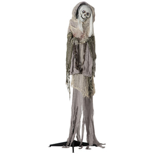 6ft Life Size Halloween Decoration, Witch Skeleton, Animated Prop with Light-Up Eyes and Scary Sound
