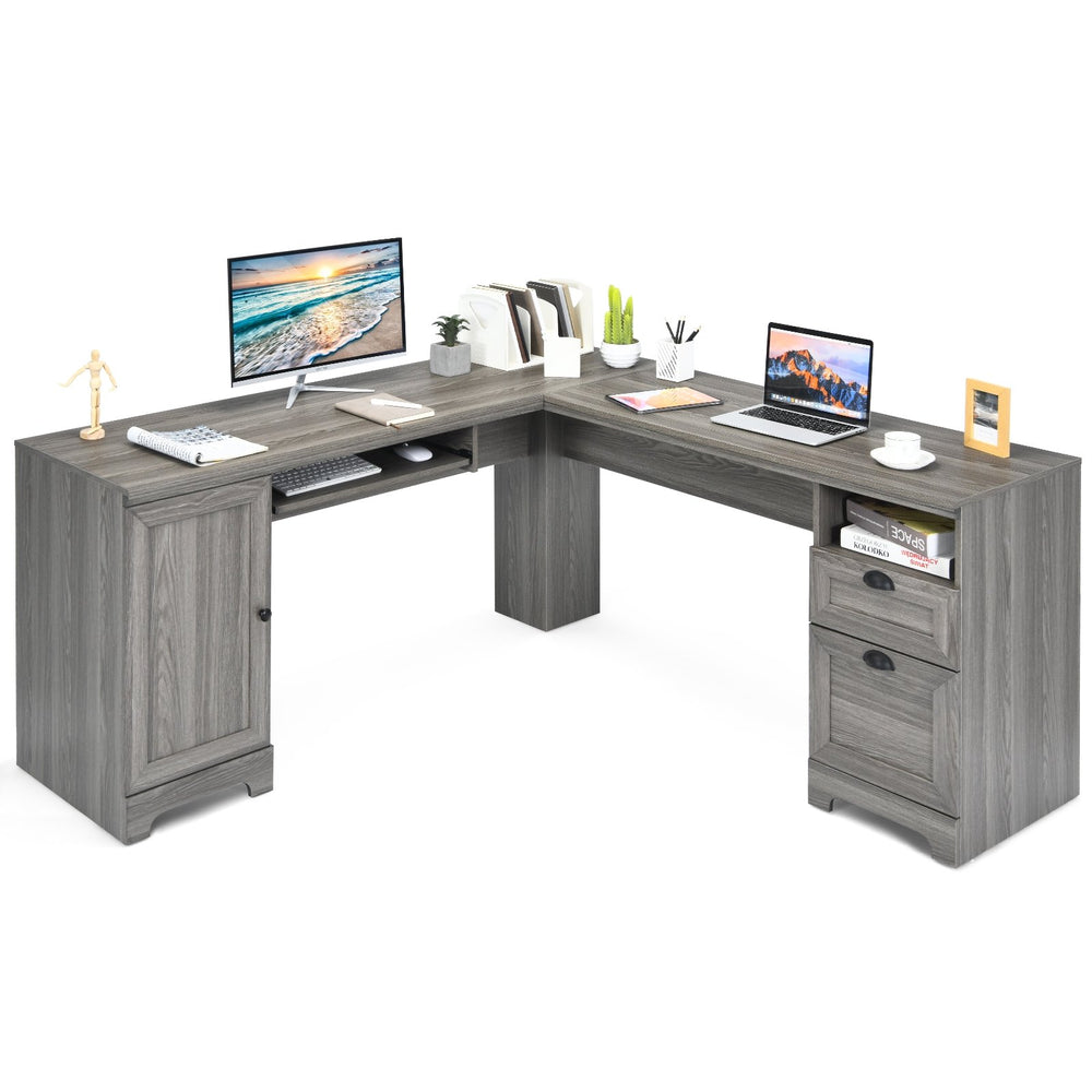 66-inch L-shaped computer desk with drawers - grey 