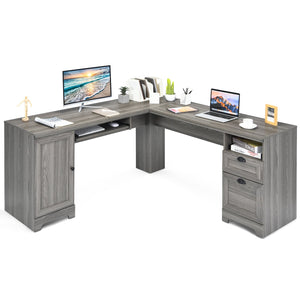 66-inch L-shaped computer desk with drawers - grey 