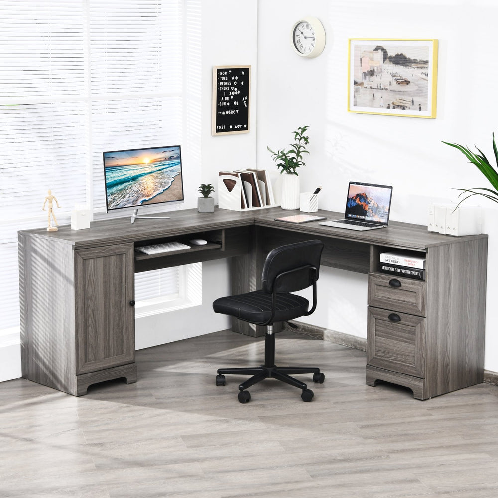 66-inch L-shaped computer desk with drawers - grey 