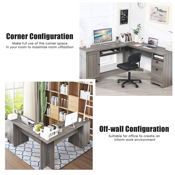 66-inch L-shaped computer desk with drawers - grey 