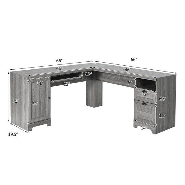 66-inch L-shaped computer desk with drawers - grey 