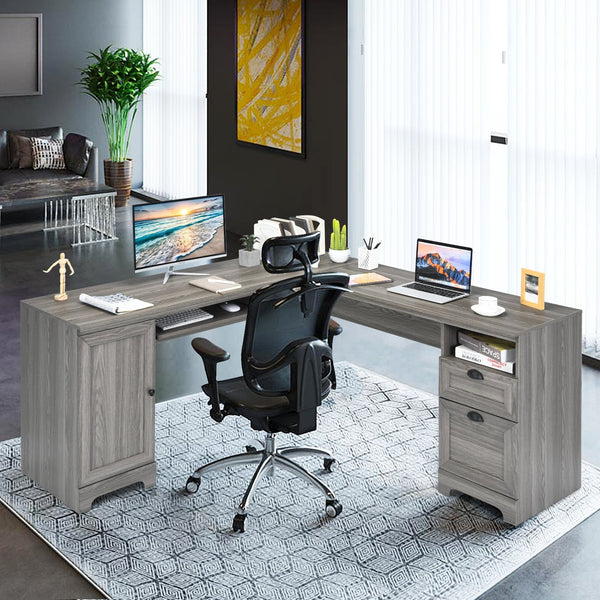 66-inch L-shaped computer desk with drawers - grey 