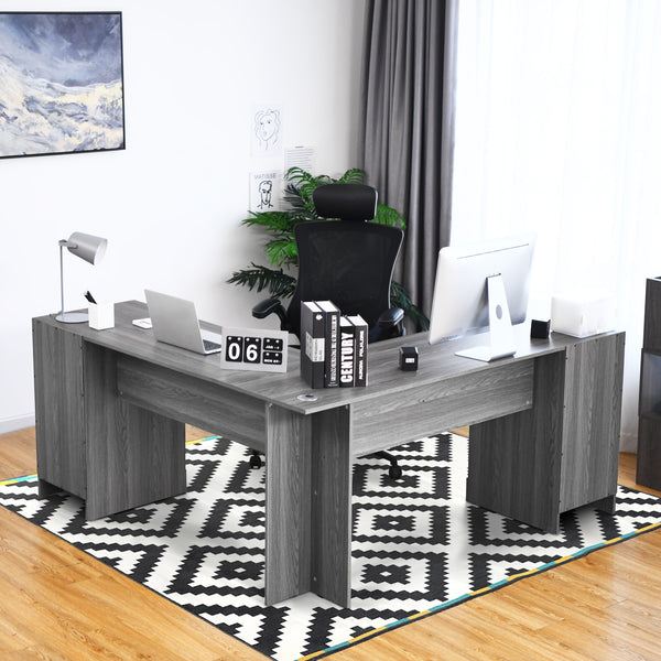 66-inch L-shaped computer desk with drawers - grey 
