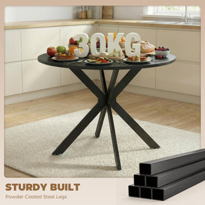 Contemporary round dining table with steel legs, black wood look
