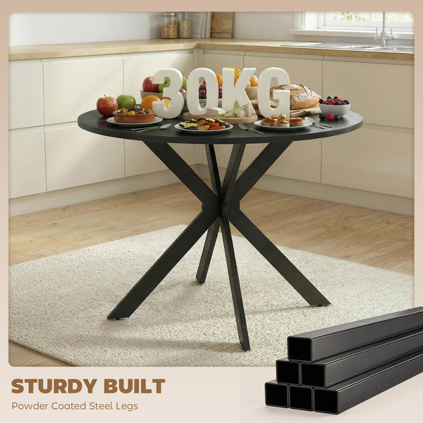 Contemporary round dining table with steel legs, black wood look