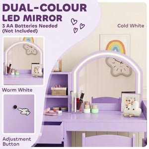 Children's vanity with dual-tone LED mirror, storage, and chair, mauve