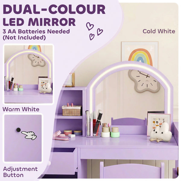Children's vanity with dual-tone LED mirror, storage, and chair, mauve