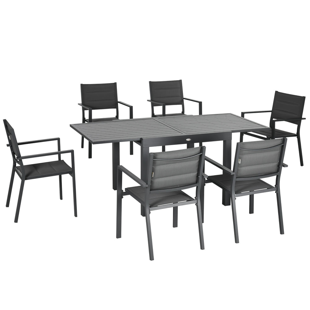 Ensemble de salle à manger extérieur 7 pièces pour 6 personnes avec table extensible en aluminium et chaises empilables à dossier haut, gris foncé