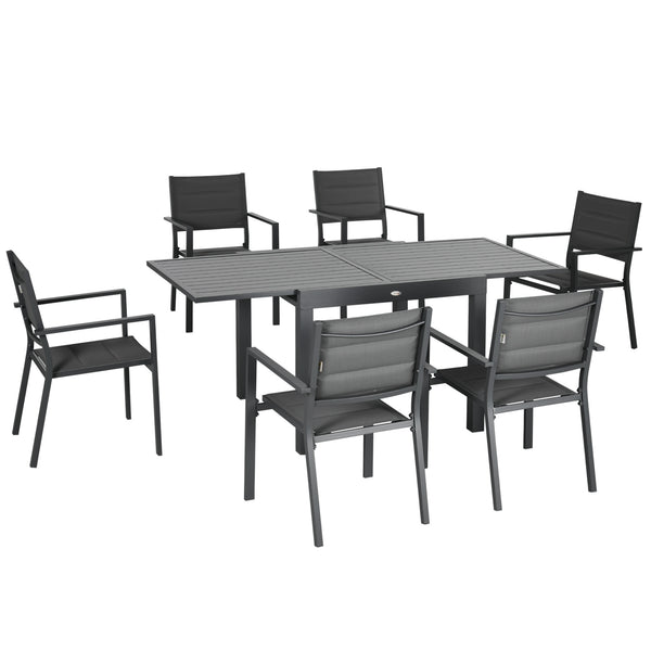 7 Piece Garden Dining Set for 6 People, Extendable Aluminum Outdoor Table, Stackable High Back Chairs, Dark Grey