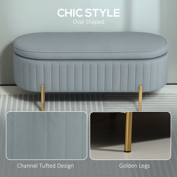 Upholstered tufted bedroom bench with metal legs, gray