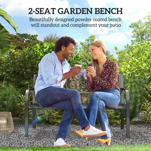 Two-seater garden bench, floral pattern, black
