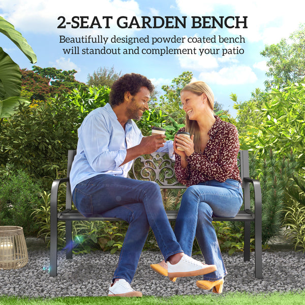 Two-seater garden bench, floral pattern, black