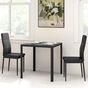 Glass Dining Table and Chair Set with Metal Frame and Faux Leather Upholstery, Black