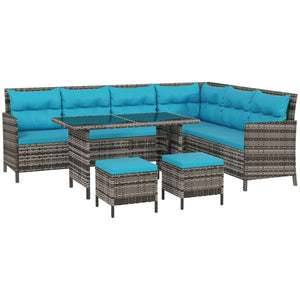 6 Piece Outdoor Rattan Sofa Set with Dining Table and Chairs Sky Blue