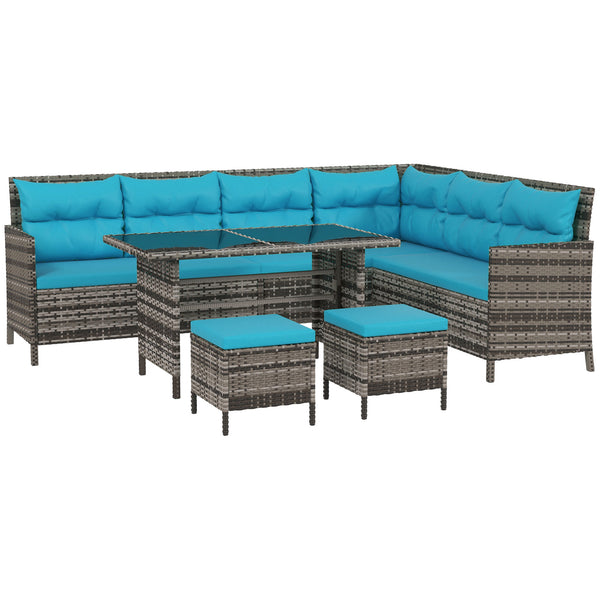 6 Piece Outdoor Rattan Sofa Set with Dining Table and Chairs Sky Blue