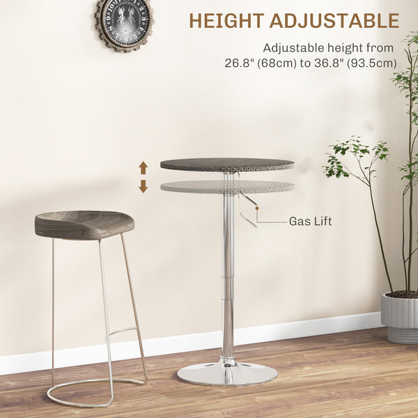 Adjustable bar table with synthetic rattan top and steel base, brown