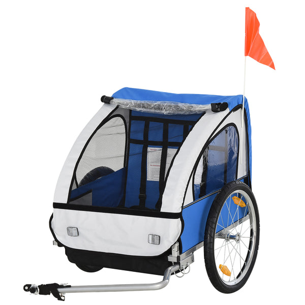 2-seater bicycle trailer with sturdy steel frame, 5-point safety harness, blue