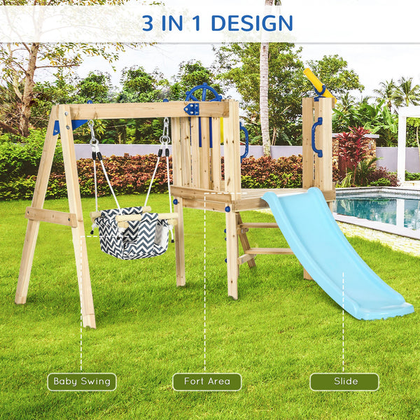Wooden Kids Swing Set with Slide, Swing Seat, Captain's Wheel, Telescope, for Ages 18-48 Months, Natural