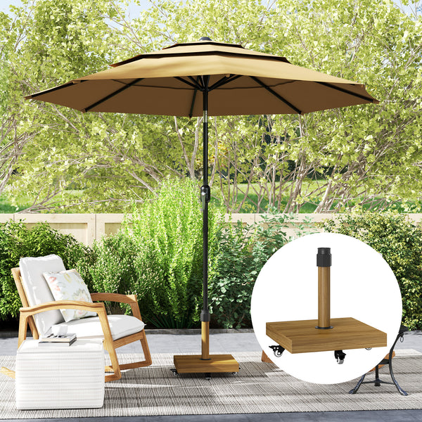 Outdoor parasol base with wheels, sturdy, natural wood